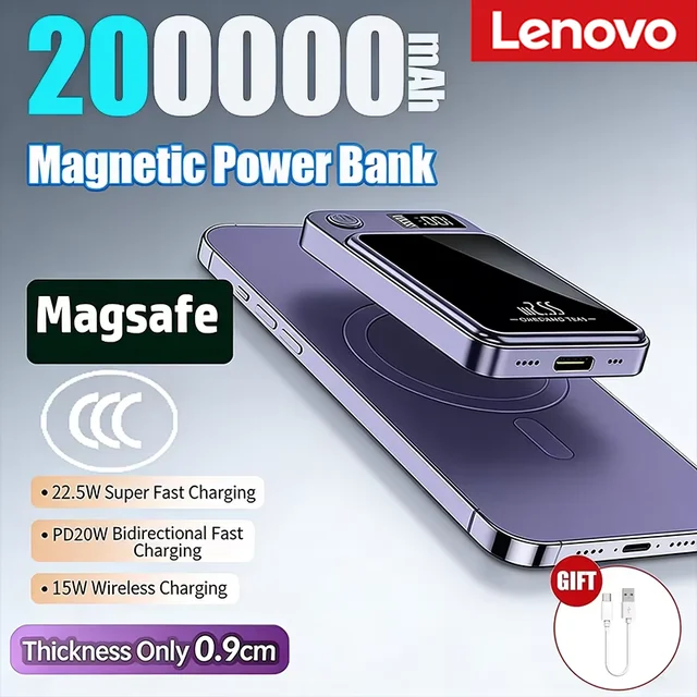 Lenovo 2026 200000mAh Magnetic Wireless Power Bank Portable Fast Charger For Magsafe Auxiliary Battery For iphone Huawei Samsung 1