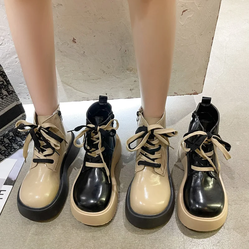 2023 Lace Up Ankle Boots Women Autumn Winter Chunky Booties Platform Motorcycle Boots Back Zipper Short Boots Thick Sole Shoes