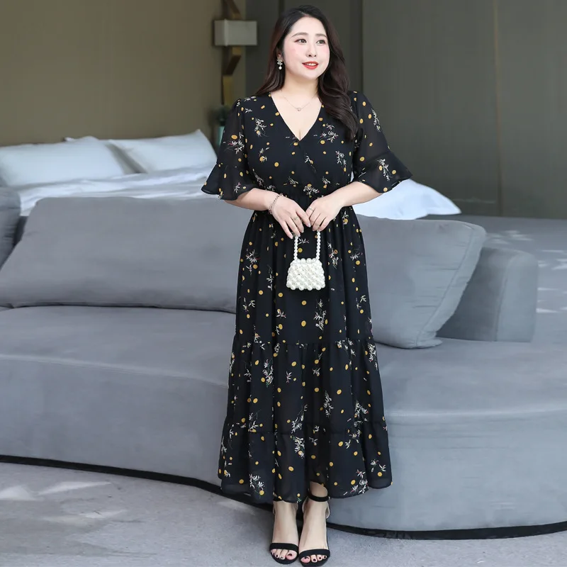 

Floral V-neck Corset Waist Pleated Skirt Summer New Large Size Elegant Wind Women's Temperament Bubble Half Sleeve Long Skirt
