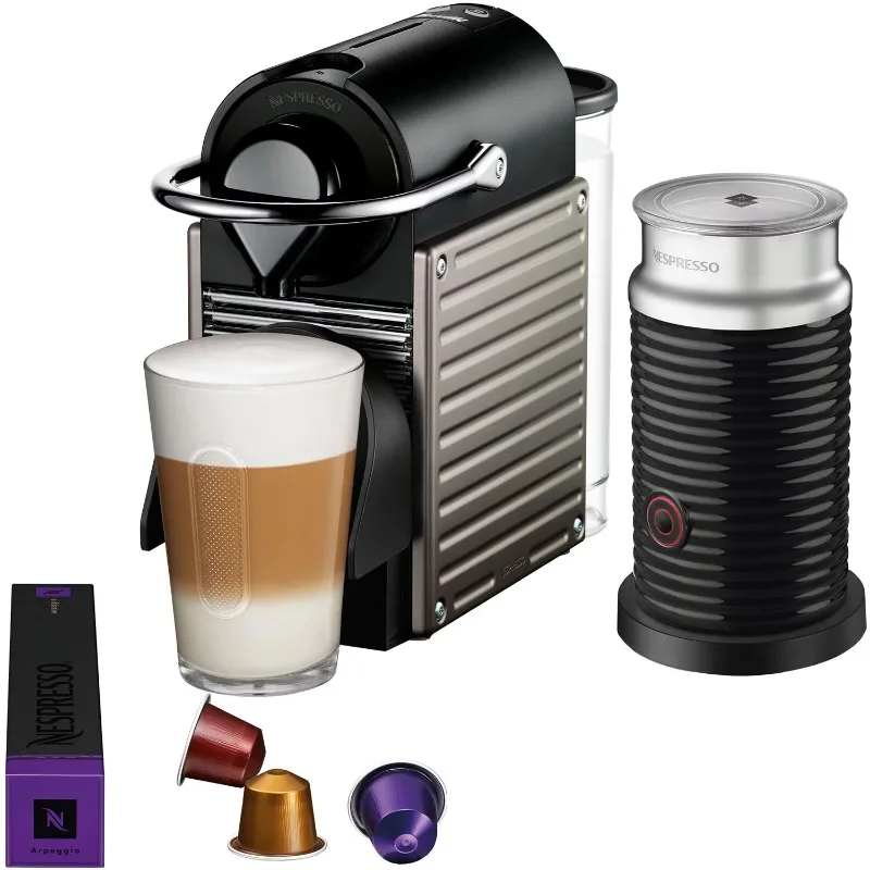 

Nespresso Pixie Single-Serve Espresso Machine in Electric Titanium and Aeroccino Milk Frother in Black
