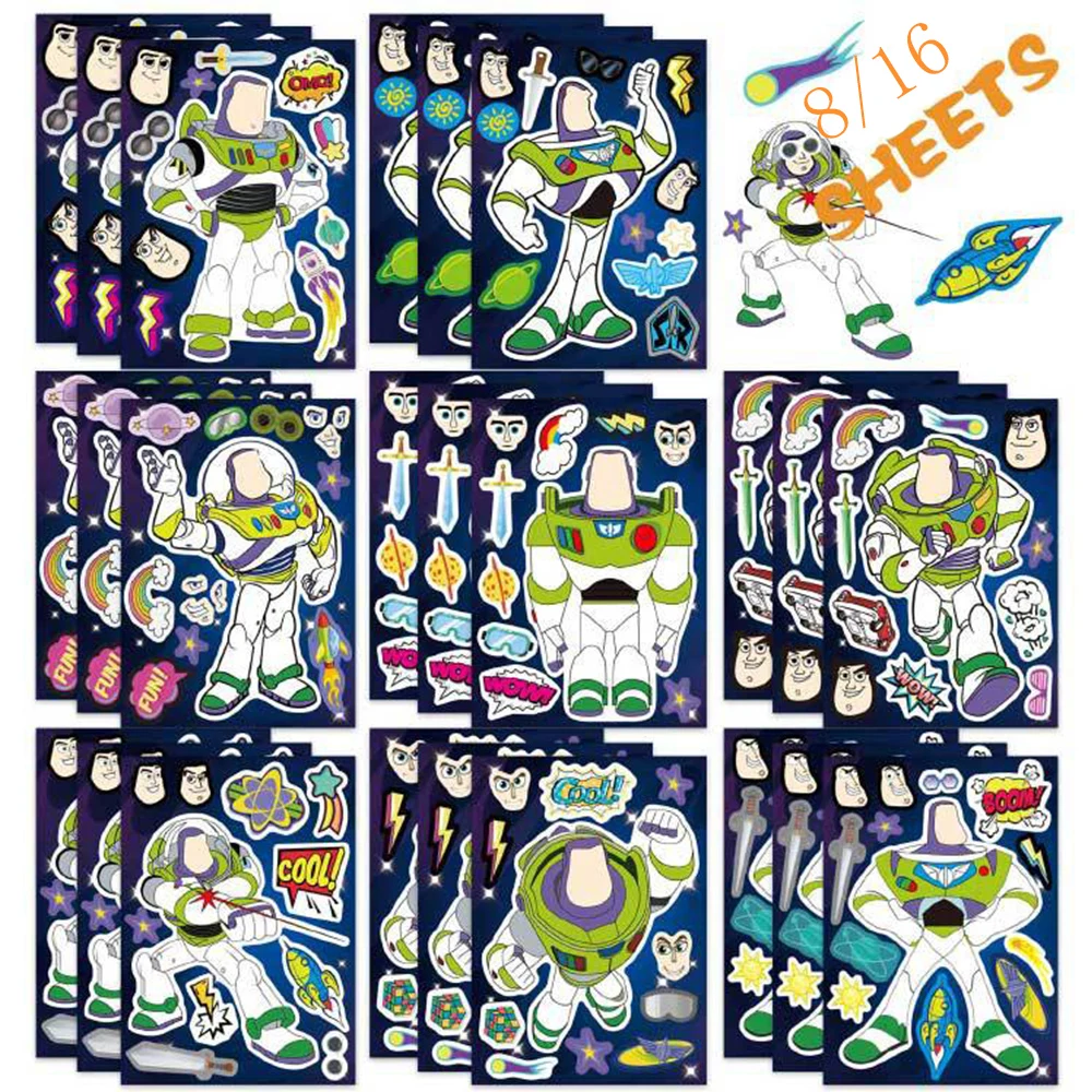 8/16Sheets Disney Toy Story Make a Face Puzzle Stickers Buzz Lightyear Kids Assemble Jigsaw Toys Children Funny Game Party Gift