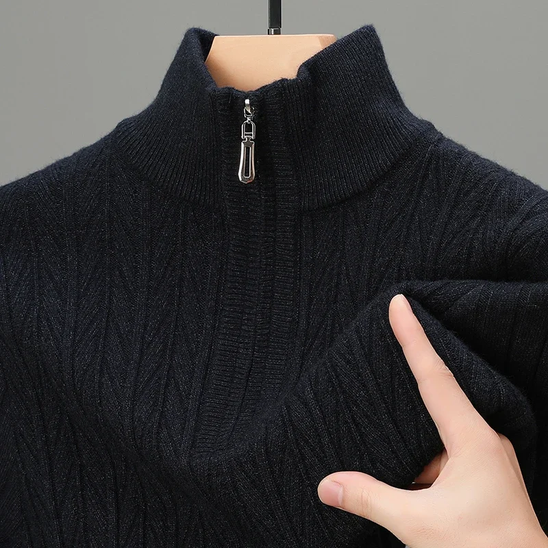Men's Autumn and Winter Half High Neck Zipper Thick Solid Color Sweater Casual with Warm Knit Sweater Base Shirt 2
