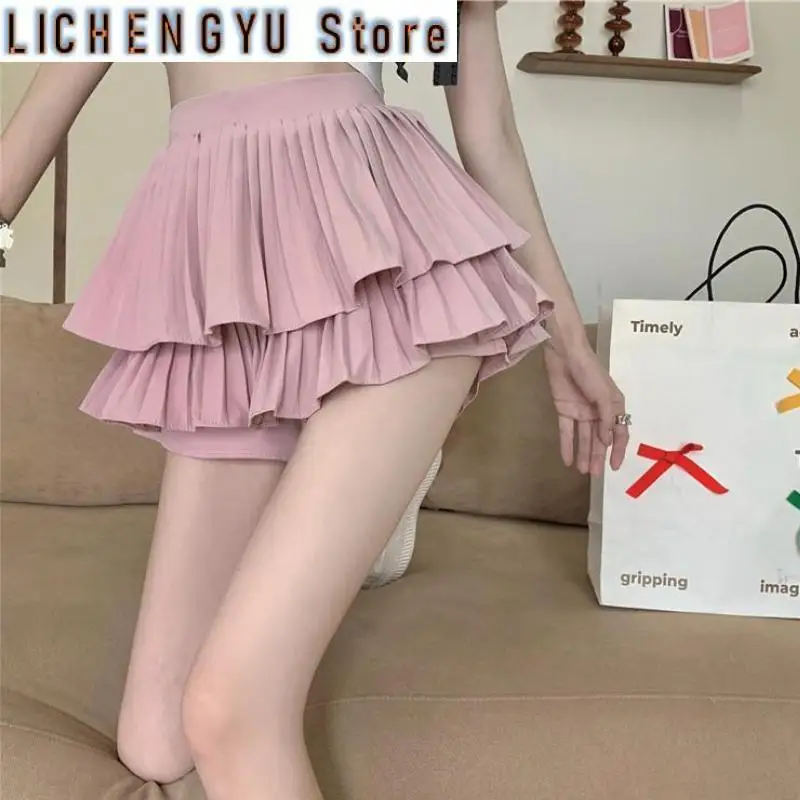 New Summer Shorts Skirts Women Sweat Fashion All-match Shorts High Waist Slim Ruched Cake Mini Skirts Wide Leg Shorts Lady