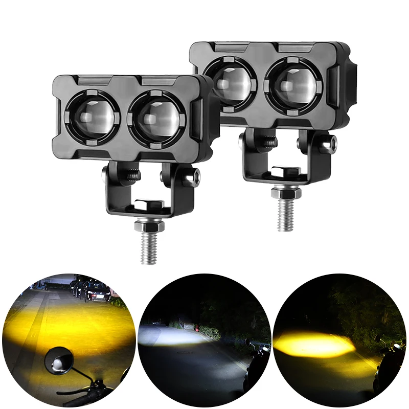 1/2PCS Motorcycle Headlights Dual Color 2 Lens Spotlight Super Bright High Low Beam Scooter Motorbike Driving Light Fog Lamp