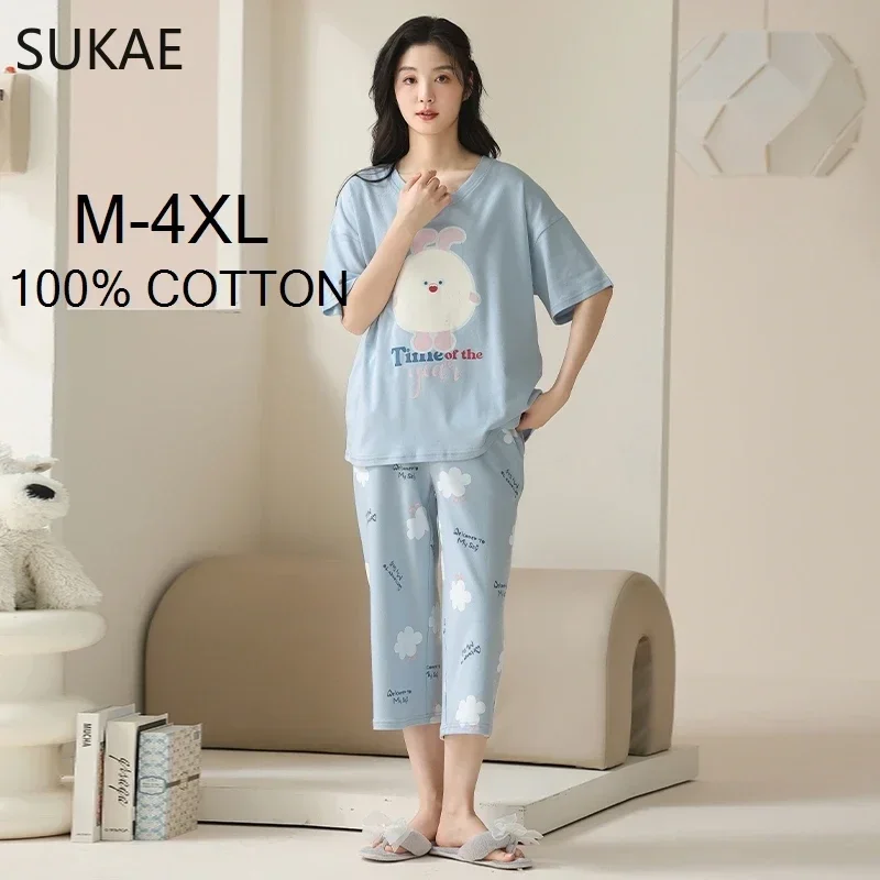 Women Pajamas Set Cotton M-4XL Summer Sleepwear Short Knee-length Pants Nightwear Capris Loungewear Cartoon Pijama women pajamas set women pajama suit cotton pajamas set