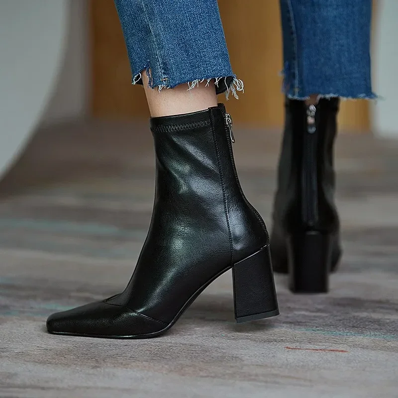 New 2023 Leather Women's Boot Back Zipper Square High Heels Solid Pointed Toe Shoes Party Ankle Boot Black White Brown