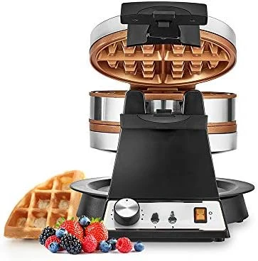 

Double Rotating Belgian Waffle Maker with Nonstick Copper Plates for Easy Food Release - Control and Removable Drip Tray, Stain