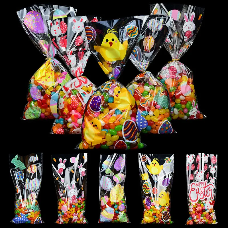 50pcsHappyEasterCandyBagsRabbitColorfulEggsCookiesGifts
