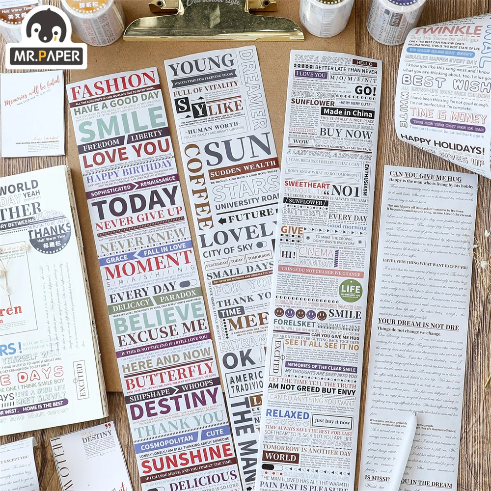 Mr.paper 6 Styles 1roll Simple English Phrase Washi Tape Personality Literary Hand Account Decorative Material Sticker Tape