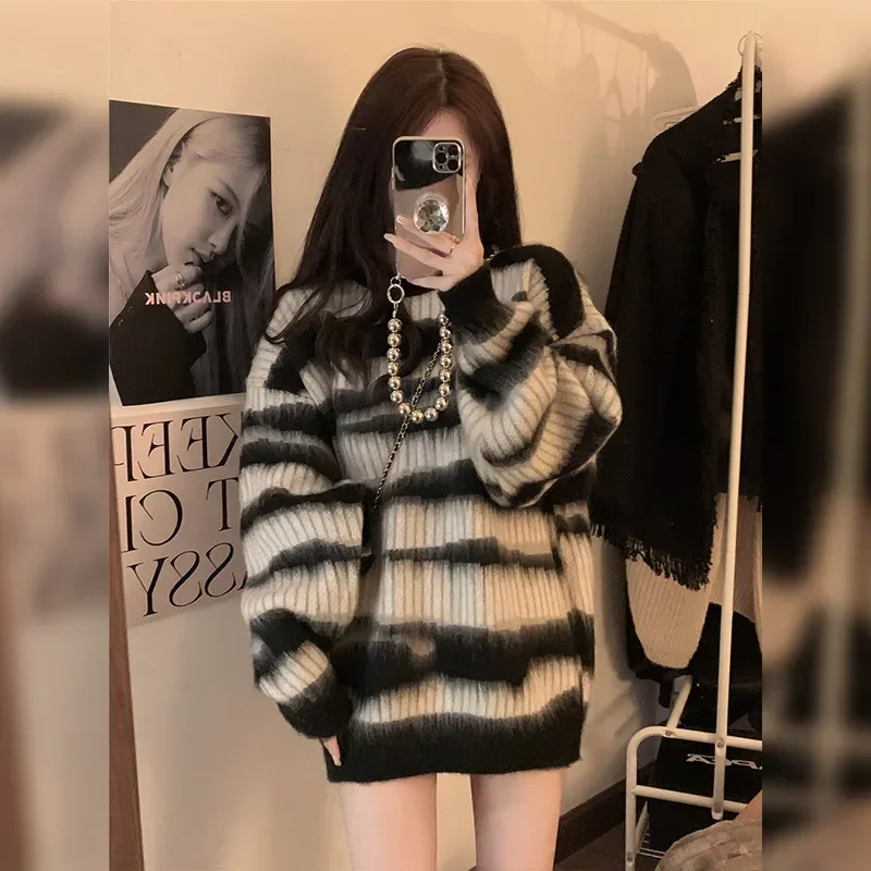 

Korean Style Striped Cropped Sweater Women Vintage Oversize Knit Jumper Female Autumn Long Sleeve O-neck Pullovers Ladies Tops