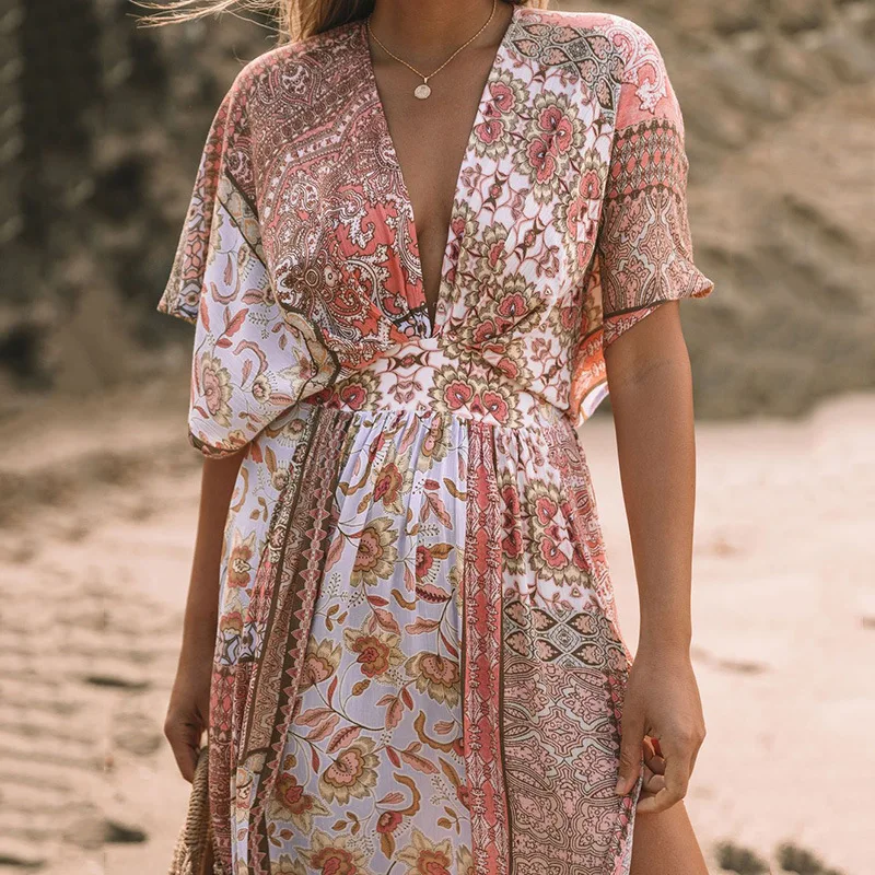 bathing suit skirt cover up 2022 Women Swimsuit Cover Up Sleeve Kaftan Beach Tunic Dress Robe De Plage Print Cotton Pareo High Collar Beachwear bikini cover up dress