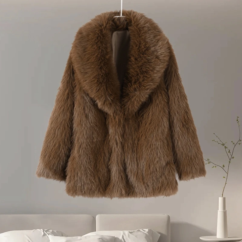 Luxury Brown Faux Fur Coats Women Fashion Full Sleeve Lapel Long Warm Jacket Winter Fluffy Thick High Street Outerwear New