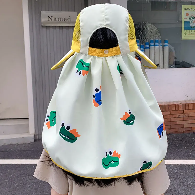 Sun Hats For Boys Girls Children Summer Outdoor Sunscreen Wide Brim Bucket Hat With Shawl Sunshade Cartoon Fisherman Cap Kids