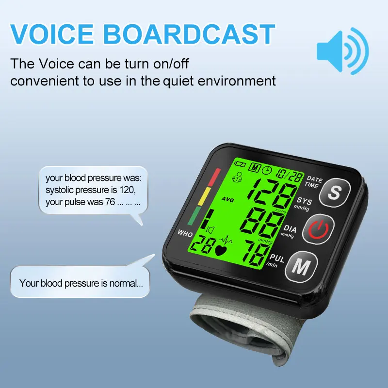 Backlit LCD Wrist blood pressure monitor 3Colors Digital Sphygmomanometer Heart Rate Arrhythmia Pulse BP Monitor