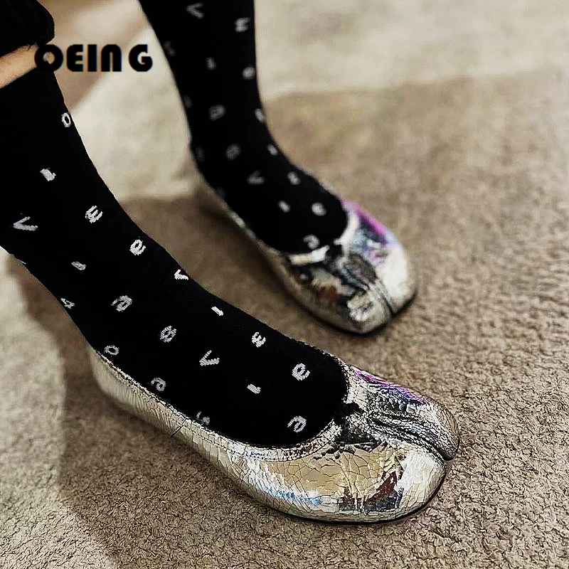 

2023S Women Silver Split Toe Ballet Shoes Soft Leather Slip On Ballerinas Spring Summer Fashion Loafer Comfortable Walking Shoes