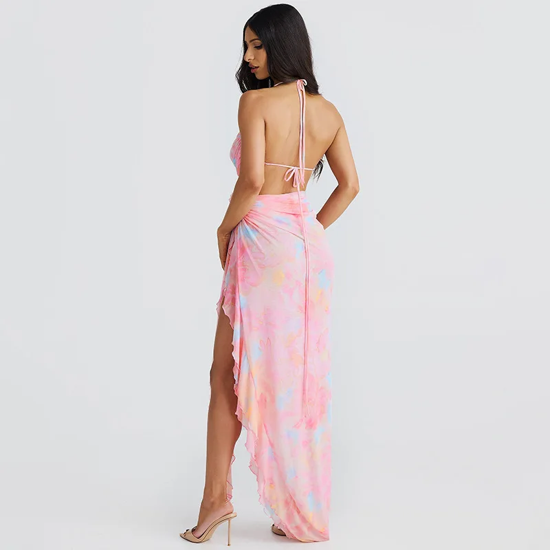 Sexy Printed Mesh Long Dress Women Lace-Up Floral Backless Hollow Out Ruffled Fashion Bandage Dress Women's Dress Summer