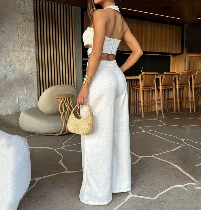 New Sexy Temperament Summer Elegant Sleeveless Fashion Hanging Neck Style Hollow Out Design Feeling Wide Leg Jumpsuit for Women
