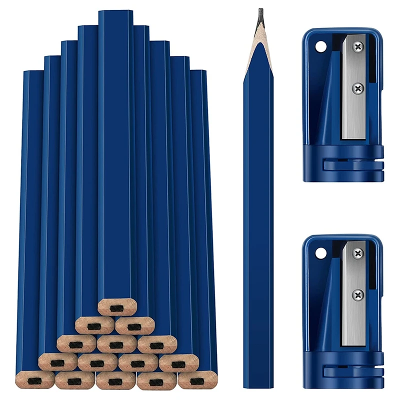 

16 Pcs Carpenter Pencils And 2 Pcs Pencil Sharpeners, Construction Pencil Blue In 7 Inch, Flat Octagonal Marking Pencil