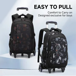 Rolling Backpack for Boys Large Capacity Waterproof Teenagers School Bag with 6 Wheels Luggage Wheeled Trolley Backpack