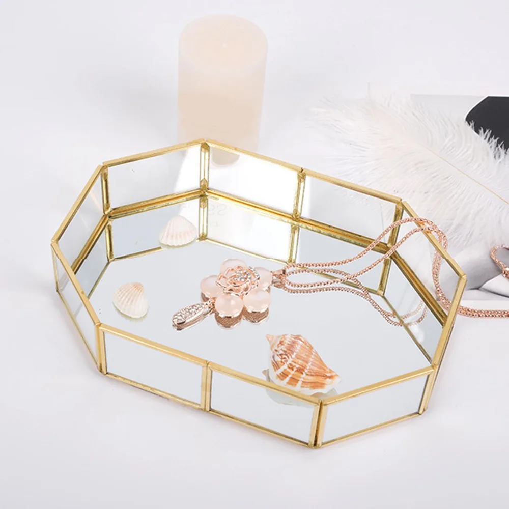 Glass Gold Mirror Tray Gold Multi-purpose Decorative Tray Polygonal Beautiful and Elegant Vanity Tray Bathroom Counter Desktop 4