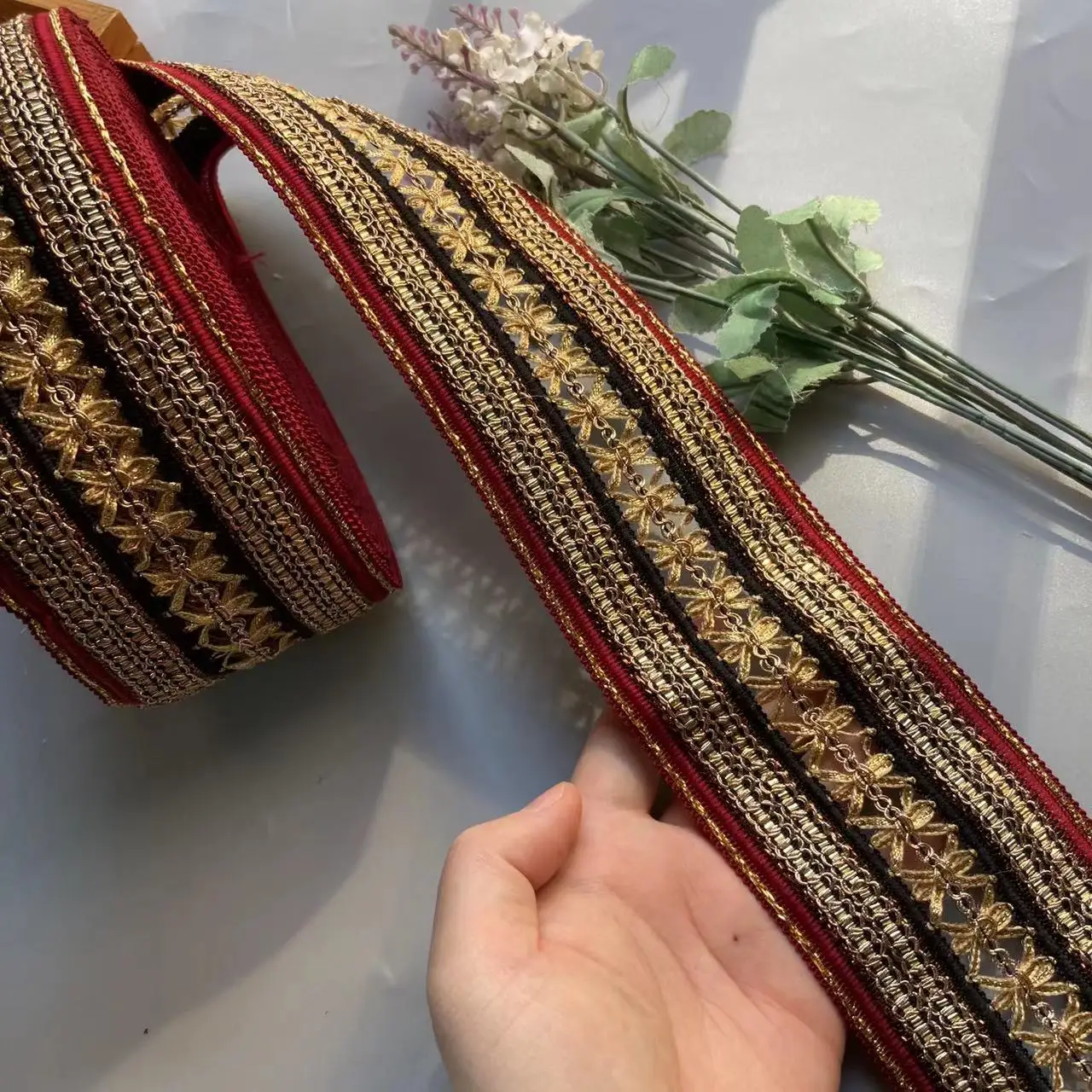 1 Yard 7cm rice lace trim ribbon ethnic clothing gold thread embroidery sequin fabric jacquard webbing