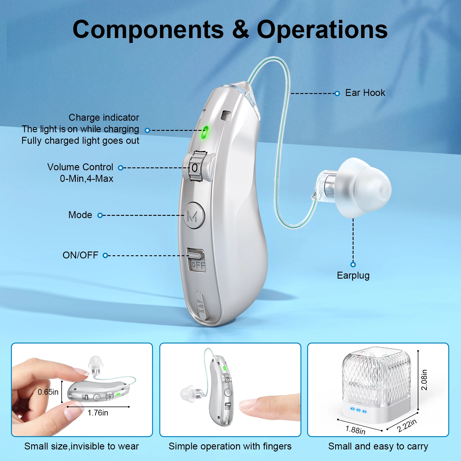 Rechargeable behind-the-ear hearing aid for the elderly, noise-cancelling amplified hearing aid with charging case 2