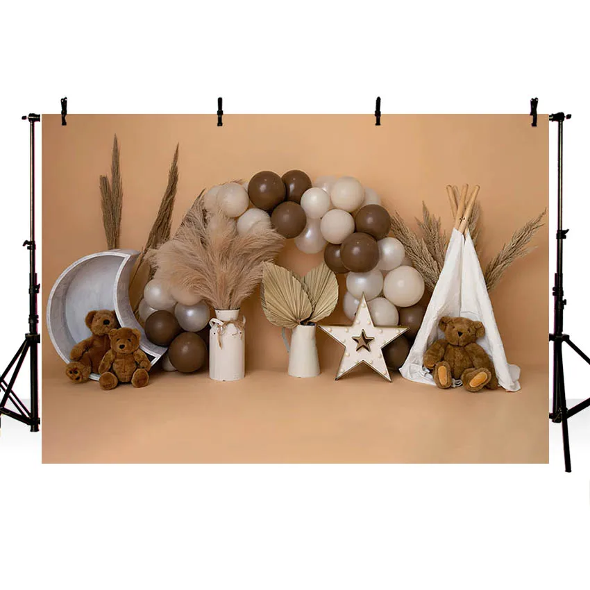 Mehofond Photography Background Boho Pampas Camping Bear Balloons Kids 1st Birthday Party Cake Smash Decor Backdrop Photo Studio