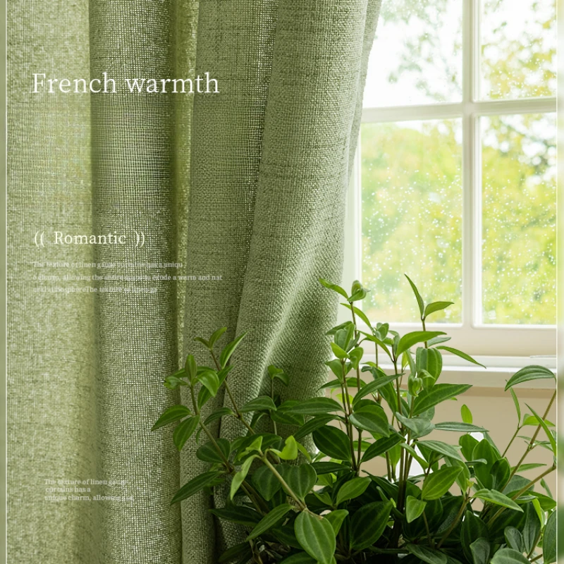 

Linen Yarn Green Balcony Curtain Baywindow Screen Simple Sun Protection Living Room Curtains 2024 New Balcony Small Fresh Drapes