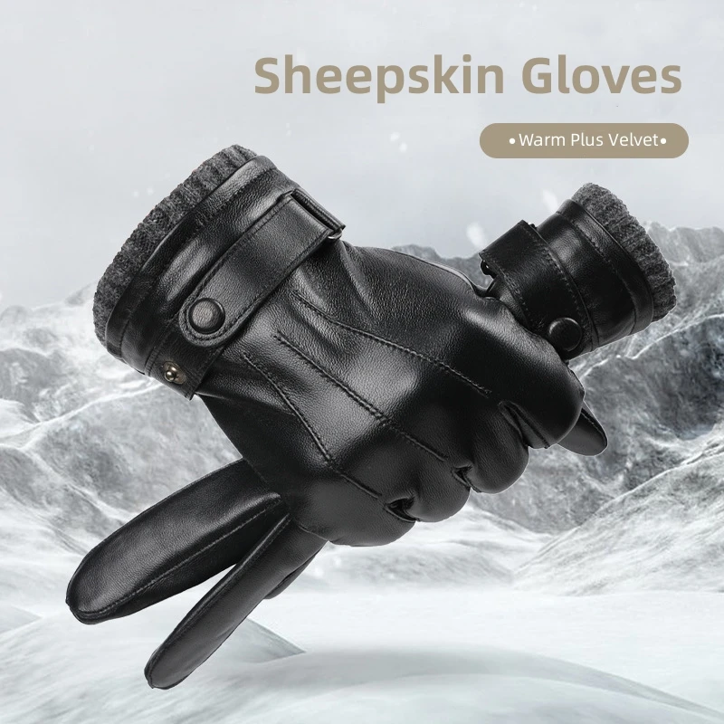 

High Quality Sheepskin Leather Gloves for Men Winter Warm Fleece Lined Touchscreen Sport Gloves for Running Cycling Ski Driving