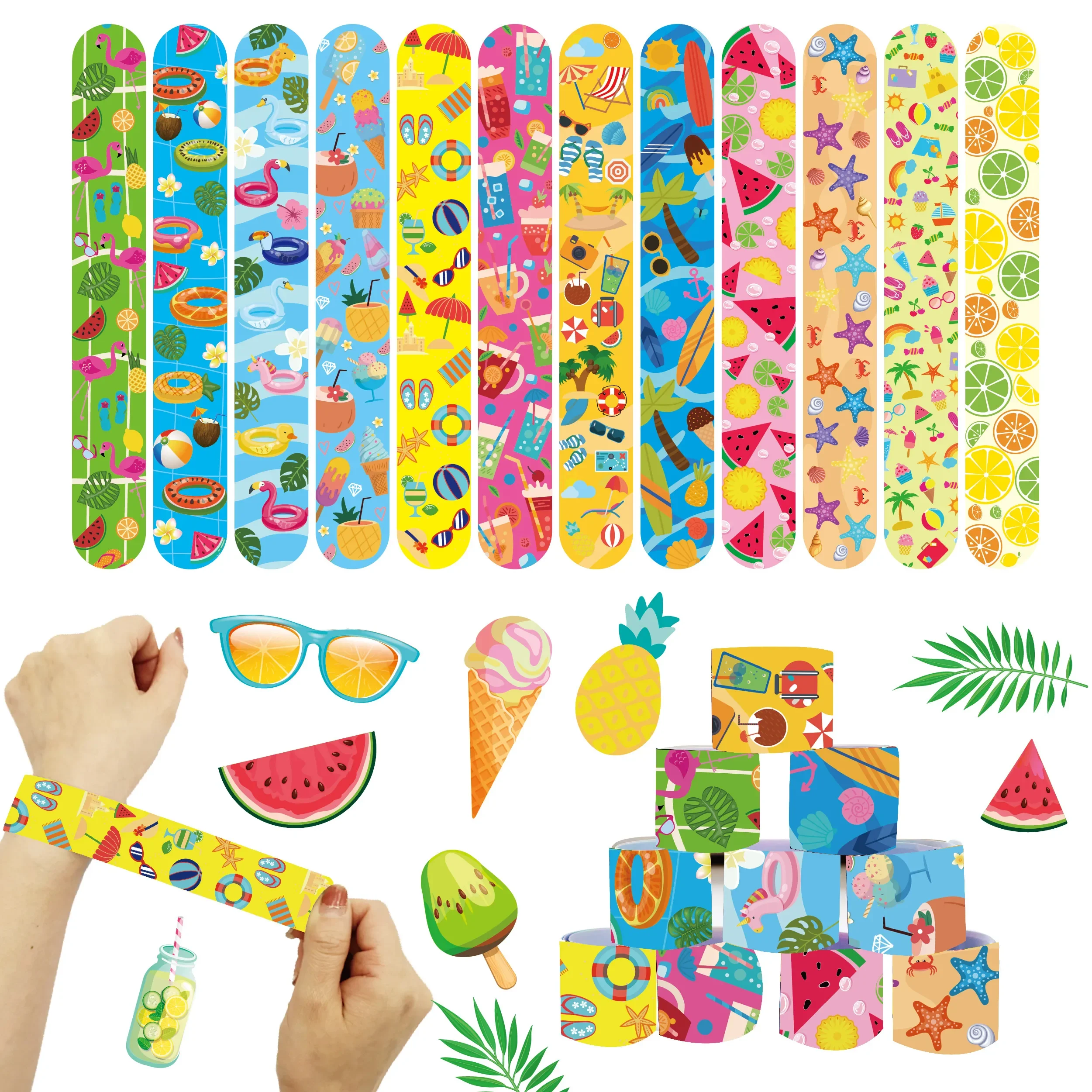 

10pcs Hawaiian Party Decorations Slap Bracelets Fruits Aloha Flamingo Papa Circle Happy Summer Beach Birthday Party Supplies