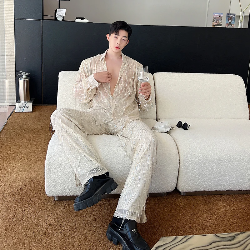 Fashion Solid Color Long Sleeve Clothes Loose Comfortable Pants Men Women Tassel Sequin Shiny Trendy Shirt Two-Piece Sets 5