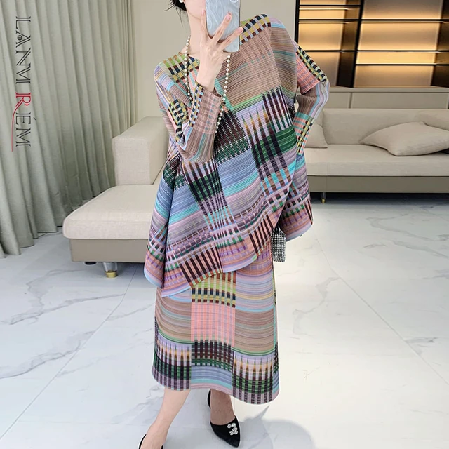 LANMREM Pleated Paid Printting Women's Two Pieces Set Loose Pullover Long Sleeve T-shirt And Elastic High Waist Skirt 2DB4528