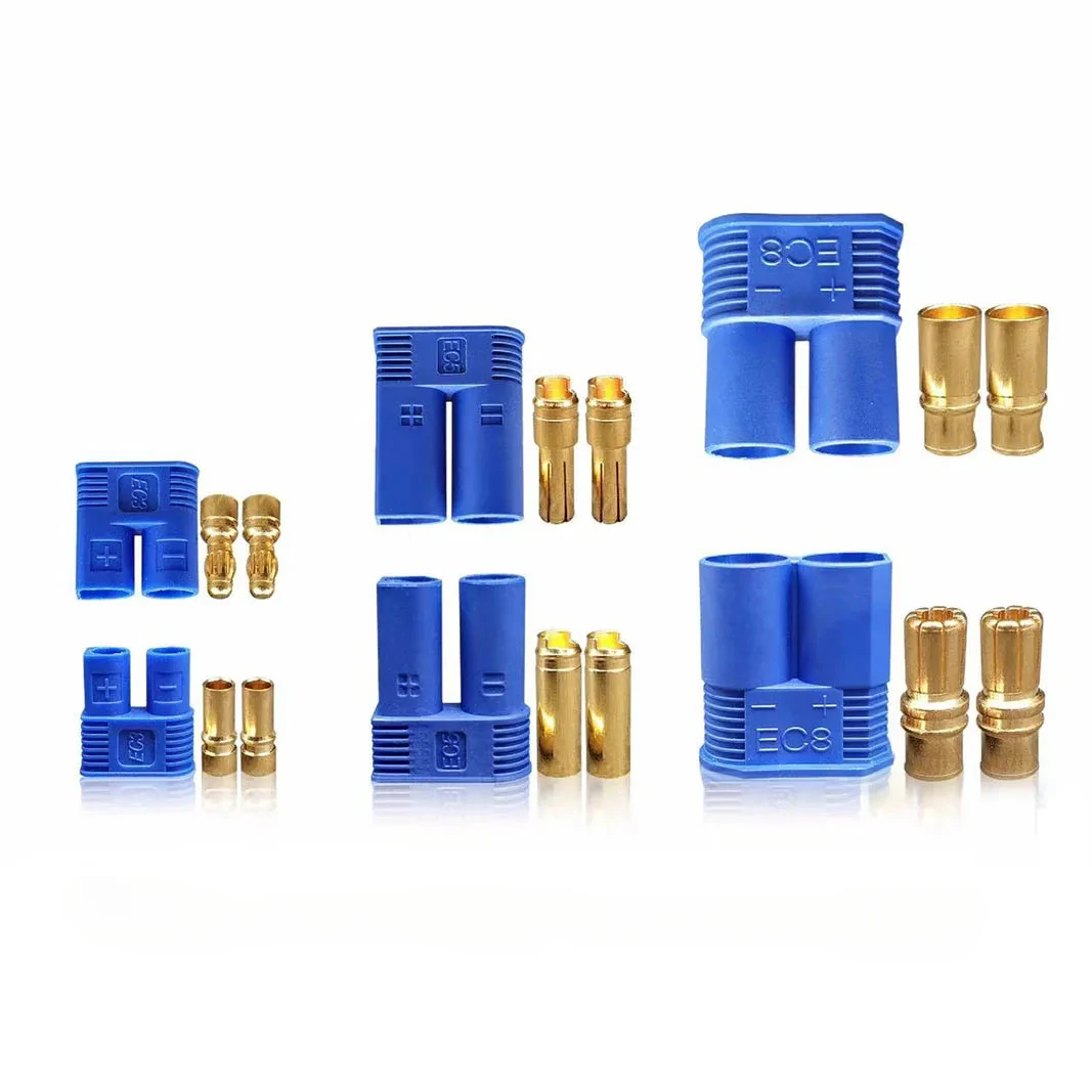 Vue d'ensemble des connecteurs EC3, EC5, EC6 et EC8, chacun en paire mâle femelle.