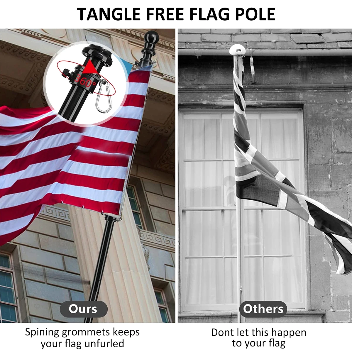 1.8M Telescopic Flag Pole Tangle-free 360 Rotating Rings Stainless Steel Guide Banner Flag Pole for Outside Wall Mount