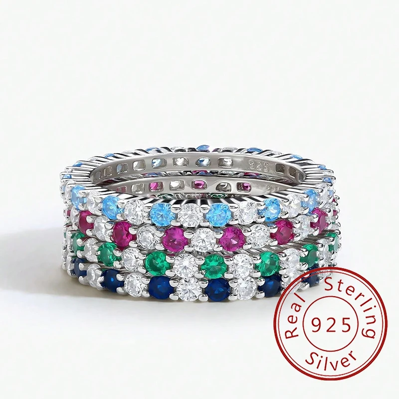 Ring aus 925er-Sterlingsilber mit vollem Zirkon, mehrfarbig, schlicht, stapelbar, für Damen, Jahrestag, Party, Mode, hochwertiger edler Schmuck