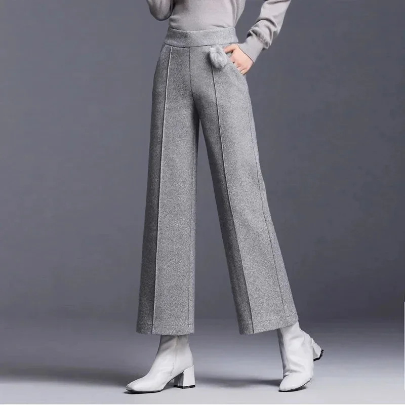 가을 겨울 정장 모직 넓은 다리 바지 여성 높은 허리 빅 사이즈 4xl 사무실 발목 길이 Pantalones 헐렁한 양모 혼합 바지