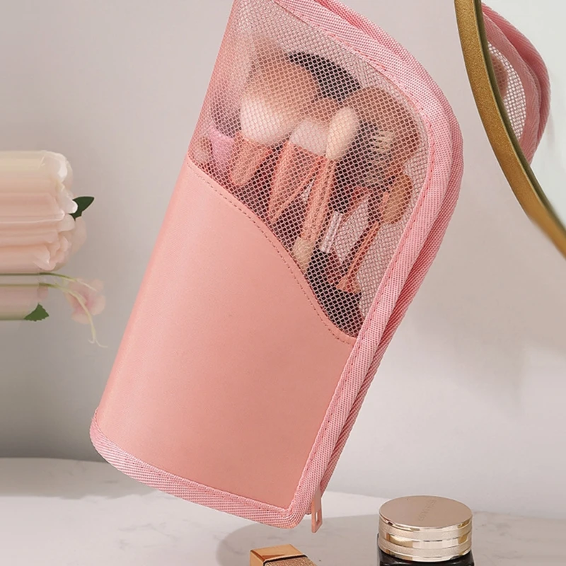 Travel Makeup Brush Bag Portable Cosmetic Brush Holder Organizer Waterproof Stand-Up Makeup Brush Pouch Zipper Toiletry Bag