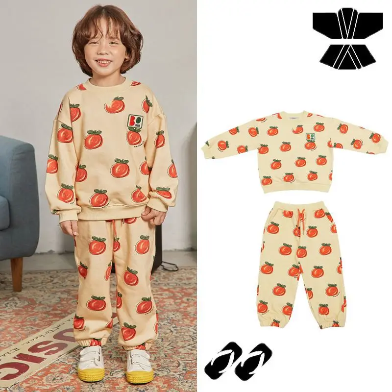 

Jenny&Dave Spot 2023 Autumn New Product Children's Casual Two Piece Set, Children's Cartoon Persimmon Full Print Sweater Set