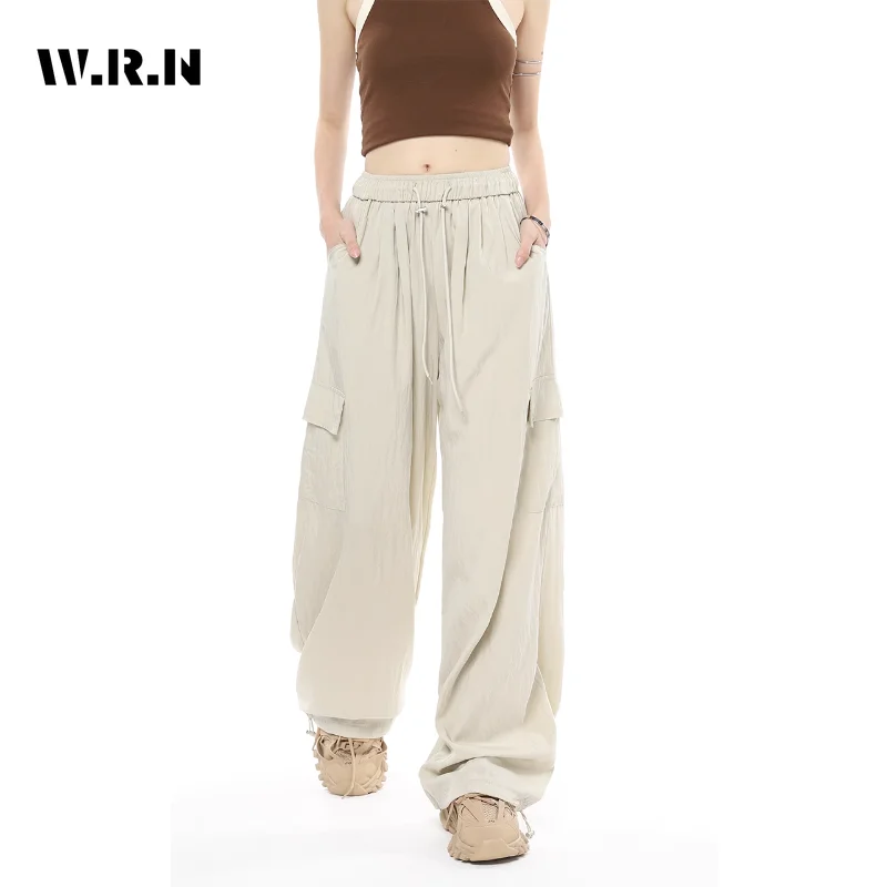 

2023 Summer Casual Drawstring Solid Color High Waist Wide Leg Cargo Pants Spring Women's Fashion Loose Full Length Trousers
