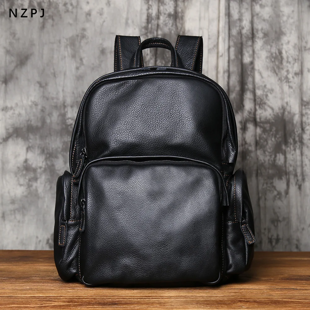 NZPJ Leather Men's Backpack Natural Cowhide Schoolbag Casual Travel Bag Black Fashion Computer Bag Capacity 16 Inch Laptop