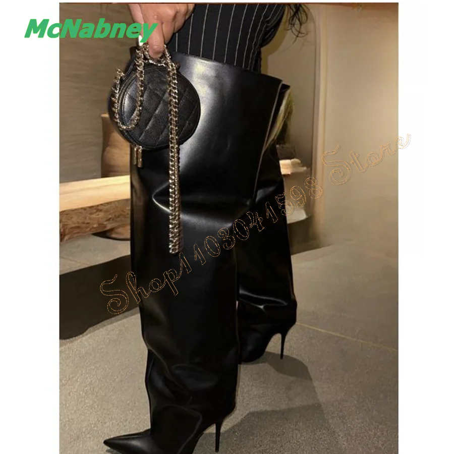 

Пикантные Прямые сапоги с острым носком, Сапоги выше колена из лакированной кожи на тонком каблуке, плиссированные женские сапоги, новинка 2023