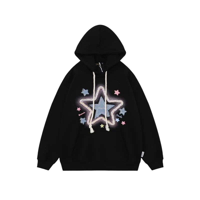 Sudadera con capucha para mujer, otoño e invierno, estilo retro americano con bordado de estrellas, sudadera con capucha para mujer, moda urbana Y2K, abrigo informal holgado_voghion.com