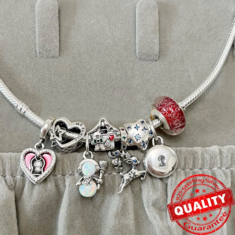 Sparkling 925 Sterling Silver Double Candy Cane Heart Christmas Dangle Charm Fit Pandora Bracelet Christmas Gift Jewelry Set