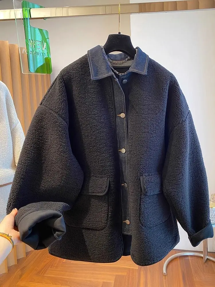 

Autumn and Winter New Women's Lapel Denim Patchwork Lamb Wool Jacket Loose Commuting Jacket