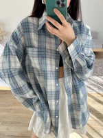 Mumaroho 2024 Women Autumn Winter Long Sleeve Blue Plaid Shirt Vintage Oversized Loose Fit Blouse For Woman - Image 4