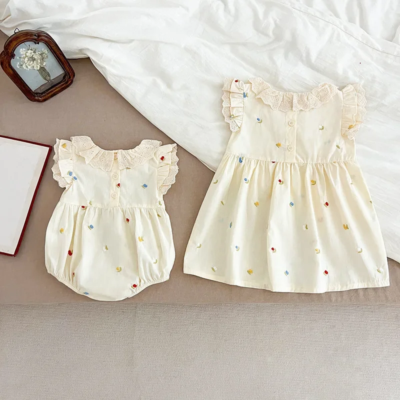 Cute Girls Summer Dresses Lace Collar Baby Bodysuits