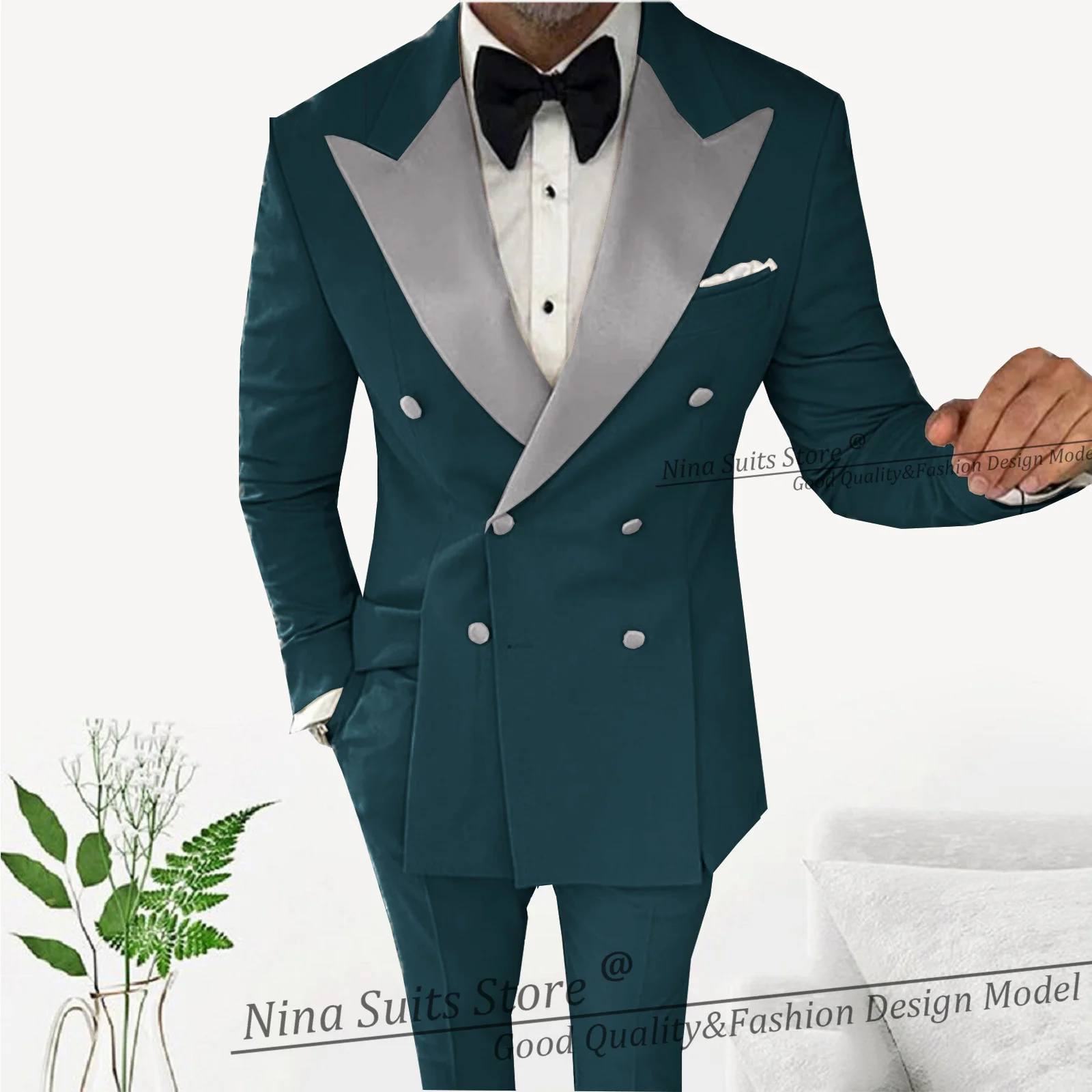 G&N New Male Suit Blush Pink Tailor-Made 2 Pieces Set Fashion Silver Peak Lapel For Business Party Wedding Groom Tuxedos