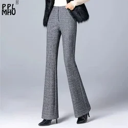 Office Lady Pinstripe Woolen Flare Pants Mom Vintage Thick Fall Winter Trousers Women Elastic High Waist Formal Work Pantalones