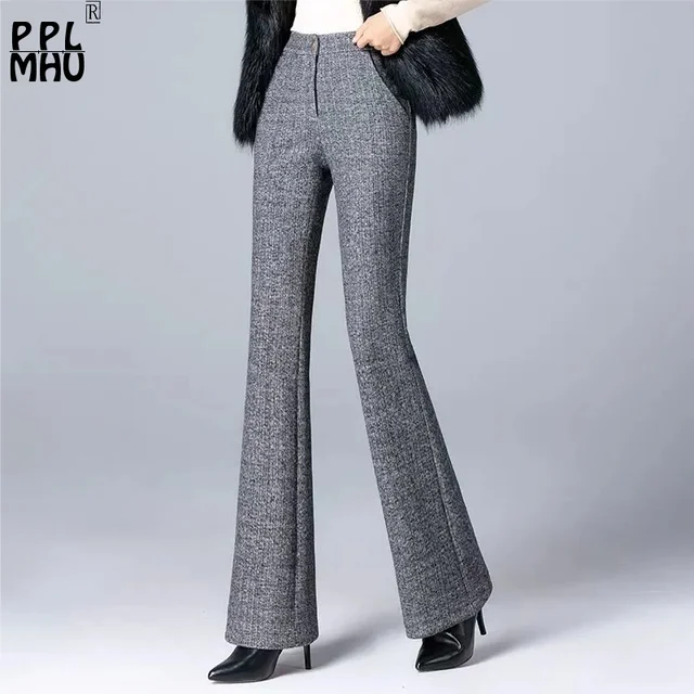 Flare Work Pants Women Office  Woolen Bell-bottoms Trousers