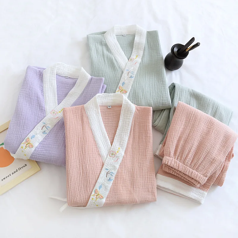 일본 여성 기모노 정장, 봄 가을 잠옷, 긴팔 바지, 100% 면 크레페, 홈 서비스, 투피스 수트, 신상